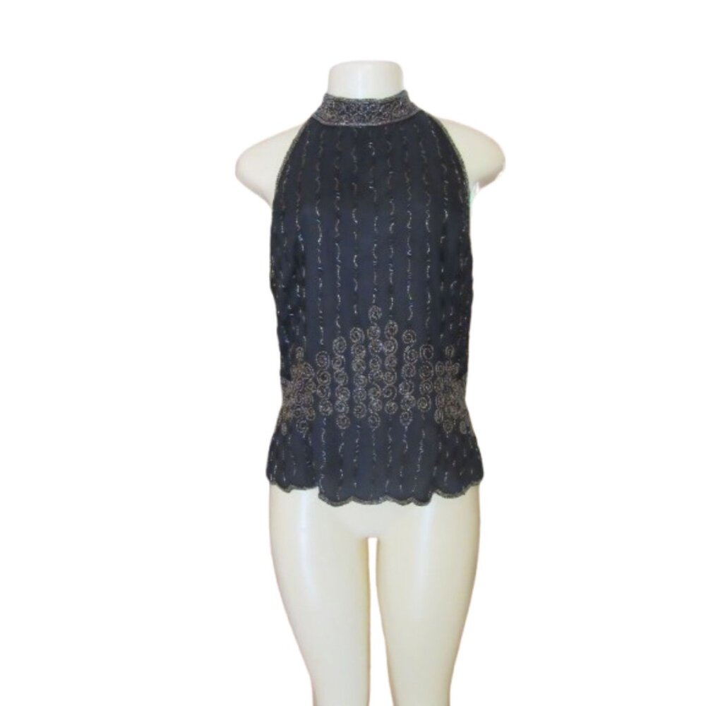 Cristall Collection Black Beaded Sleeveless Silk Blouse Size L
